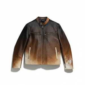 Men's Genuine <b>Leather</b> Moto Jacket Stand Collar Zipper Closure Gradient Color Dip <b>Dye</b> Regular Fit Spring Vintage Distressed - Product Image 3