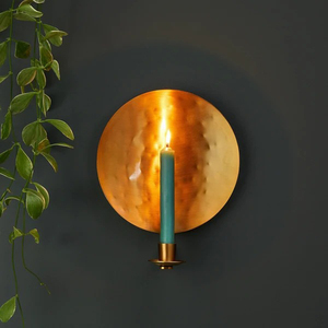 Modern Brushed Gold Metal <b>Wall</b> Sconce Displays A Hammered Circular Disc Backplate Supporting One <b>Candle</b> <b>Holder</b> For Decoration - Product Image 3