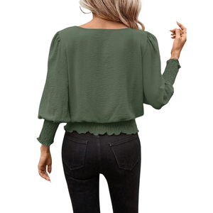 Womens Solid Polyester Long Sleeve Blouse Neck Smocked Waist Cuffs Elegant Loose Fit Casual Office Wear Fashion <b>Top</b> Daily - Product Image 2