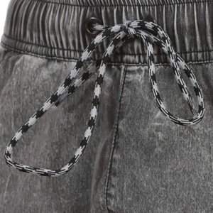 Shorts Oxford en coton gris pour homme, taille mi-haute, avec cordon de serrage, décontractés, unis, délavés, respirants - Product Image 3