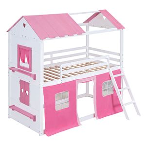 Elegante Letto a Castello Singolo con Finestre e Davanzali in Legno Rosa e Bianco per Bambini - Product Image 4