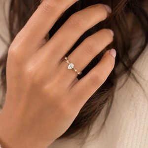 Minimalist Bridal Band 10K 14K 18K Solid Solid Gold IGI Certified Fine Side Stone Jewelry Pear & Round Lab Diamond <b>Wedding</b> Ring - Product Image 4