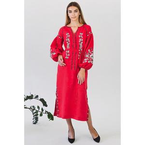 Women Red Embroidered Long Kurta <b>Dress</b> Cotton <b>Linen</b> Ethnic <b>Maxi</b> <b>Dress</b> With Tie Up Waist - Product Image 1