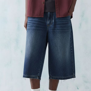 Shorts vaqueros holgados de alta calidad, talla grande, color azul lavado, 100% algodón, cortavientos, para hombre, con logotipo bordado. - Product Image 1