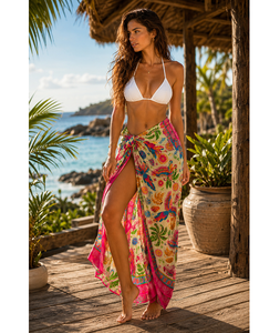 Pareo de Playa Ligero para Mujer con Estampado de Frutas Tropicales y Loros, Estilo Falda de Bikini, 1 Pieza - Product Image 1