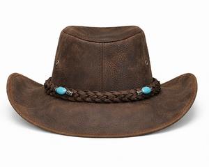 Sombrero Vaquero de Cuero Marrón Desgastado de Primera Calidad para Hombre y Mujer, Hecho a Mano, Estilo Western Outback con Banda Trenzada y Cuentas Turquesas - Product Image 5