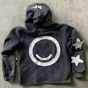Sweat-shirt à capuche zippé noir pour homme, avec étoiles appliquées, style streetwear uni, coupe régulière, manches classiques, en coton tricoté anti-boulochage, ODM - Product Image 2