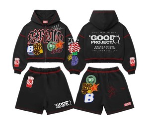 Ensemble sweat à capuche et short personnalisés OEM, effet délavé, vieilli et vintage, avec impression en relief, pour homme - Product Image 1