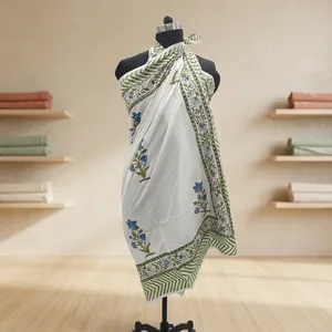 <b>White</b> Hand Block Printed Cotton <b>Bikini</b> Blue Floral Motif Green Border Reversible Front Traditional Ethnic Wear Women Elegant - Product Image 1