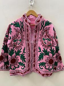Veste décontractée pour femme grande taille, style bohème, col mandarin brodé floral rose, manches trois quarts, printemps - Product Image 1