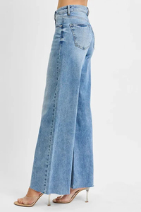Jean en denim évasé taille haute pour femme, déchiré et vieilli, bleu clair, coupe droite ample, longueur cheville, pantalon pour femme - Product Image 3