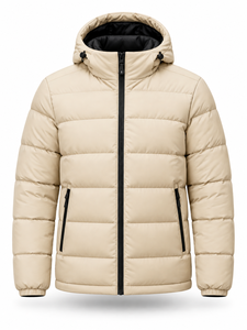 Chaqueta Acolchada con Capucha para Hombre, Color Beige, Cálida, Resistente al Viento, Cierre Frontal con Cremallera, Color Sólido, Relleno de Poliéster, Corte Regular - Product Image 1