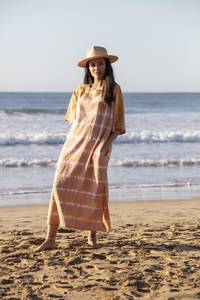 Robe midi tie-dye bohème pour femme, manches courtes, col rond, ample, ceinture, coton, fibre de bambou, respirante, robe décontractée d'été pour la plage - Product Image 4