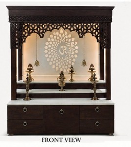 Marble Look Om Design Teak Wood <b>Mandir</b> for Home Modern Design Customized Size Pooja Room Cabinet Dark Polish Temple with 3 Steps - Product Image 2