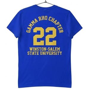 Camiseta Azul Rey con Detalles Dorados de Sigma Gamma Rho, Personalizada para Capitales Griegos, Manga Corta, Cuello Redondo, Número Gráfico 22, Fraternidad Universitaria, Estilo Casual - Product Image 2