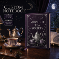 Journal LABON personnalisé Midnight Tea Society, couverture rigide en velours violet, bordure en filigrane argenté, étoiles célestes, théière, mûres
