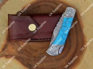 Couteau pliant artisanal en acier Damas gravé avec un manche en pierre turquoise, lame à pointe tombante et bord biseauté de 7,5 pouces, étui en cuir, EDC - Product Image 6