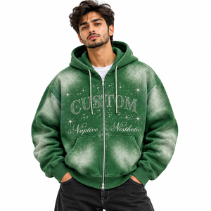 Sweat à capuche zippé double couche vert délavé personnalisé, motif étoile en strass Y2K, coupe oversize épaisse pour homme, OEM - Product Image 1