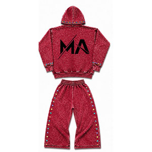 <b>Men</b> <b>Red</b> Acid wash Tracksuit Hooded Full Sleeve 100% Cotton Rhinestone <b>hoodie</b> 450 Gsm Decorated Streetwear Casual Set - Product Image 2