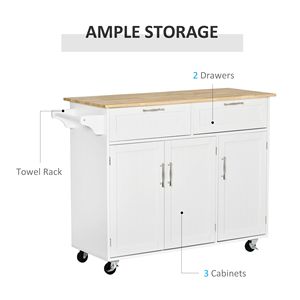 Carrello da Cucina Portatile Bianco con Piano in Legno Resistente e 2 Cassetti - Product Image 4