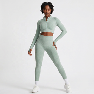 Leggings de sport respirants à manches longues, fermeture éclair intégrale, sans couture frontale, effet push-up, pour la gym et le fitness (vente en gros) - Product Image 6