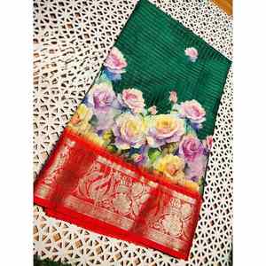 À LA MODE DOLA SOIE ZARI CHEX AVEC JACQUARD BORDER TRAVAIL SAREE AVEC BLOUSE INCOSUE VERT - Product Image 1