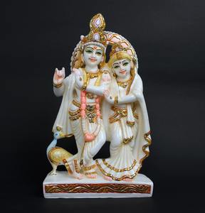Statue religieuse Radha Krishna en marbre peint décoratif, polie pour la vénération à domicile - Product Image 1