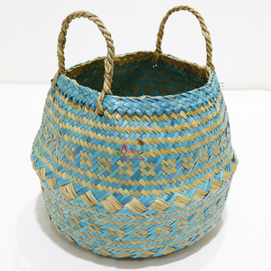 New Design Palm Leaf Belly <b>Basket</b> Blue Woven Storage Bin <b>Foldable</b> Plant Pot with Handle - Product Image 4