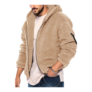 Chaqueta con Capucha y Cierre de Cremallera para Hombre, Color Beige, Felpa, Estilo Casual, para Invierno, Corte Regular, Color Sólido, Transpirable, Tejida - Product Image 3