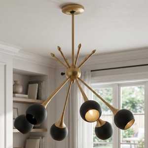 Lustre Sputnik en laiton de style moderne du milieu du siècle, luminaire suspendu à globe noir pour salon - Product Image 2