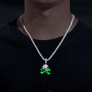 Iced Out Skull and Crossbones Glow Green Moissanite Pendant Necklace Hip Hop Punk Jewelry for Men Women Party - Product Image 3