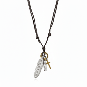 Silver Feather of Faith 2-Inch Stainless Steel Pendant with Adjustable Leather <b>Rope</b> for Men and Boys - Product Image 3