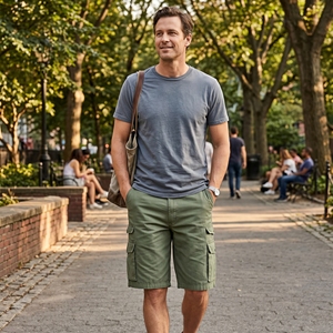 Pantalones Cortos Cargo para Hombre, Color Verde Sólido, 100% Algodón Canvas, Cintura Media, Cierre de Cremallera, Estilo Casual, Tipo Bermuda, con Bolsillos, Tejido Transpirable - Product Image 3