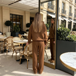 Ensemble de survêtement pour femme en coton marron de qualité supérieure, coupe ample décontractée, couleur unie, avec poches latérales, idéal pour l'automne - Product Image 6