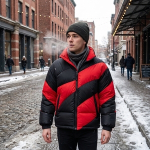 Blouson matelassé unisexe noir et rouge à col montant, manteau d'hiver chaud zippé, streetwear d'extérieur, vêtements personnalisés à marque privée OEM ODM - Product Image 6