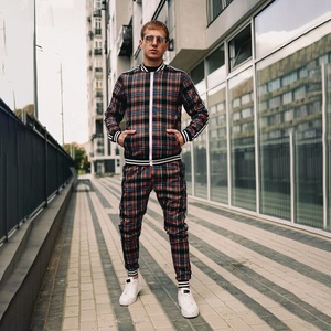 2021 Latest Style Men's Check Print Sublimated Bomber <b>Jacket</b> Tracksuit Zip Enclosure Ribbed Hem & Cuffs Stripe Zipper Sweat Suit - Product Image 4