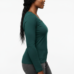 Women's Fall Season Scoop Neck Long Sleeve Top Fitted Cotton <b>Blend</b> Soft Fabric Plain Color OEM Wholesale Pakistan Supplier - Product Image 3