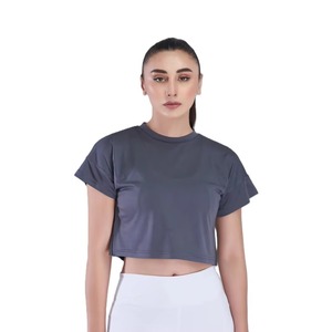 Camiseta Corta para Mujer, Cuello Redondo, Color Sólido, Tejido de Punto, Informal, Transpirable, Spandex y Algodón, Apta para Todas las Temporadas - Product Image 6