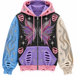 Sudadera con Capucha Personalizada con Bloques de Color y Pedrería, Sudadera Oversize Brillante Multicolor, Estilo Y2K, Fabricante de Ropa Urbana - Product Image 4