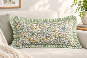 Funda de Almohada Lumbar RIDHI con Volantes Florales Estilo Occidental, Color Amarillo Dorado, Estampado a Mano, Algodón, Personalizable, con Cierre Extraíble - Product Image 1