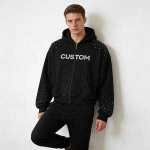 Street Casual Factory Wholesale Black <b>Studded</b> Zip up Cropped Oversized Customizable <b>Men</b> Hoodies - Product Image 5