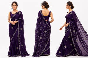 CHOHAN TEXTILE Indian <b>Purple</b> Silk <b>Saree</b> Intricate Gold Embroidery Bridal Wedding Wear Traditional Luxury Women Party Wear Saris - Product Image 2