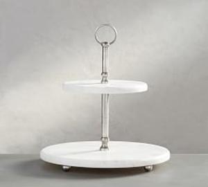Support à gâteau rond à 2 niveaux en marbre blanc avec tige en métal doré, présentoir à pâtisserie élégant, support de service pour gâteau de mariage - Product Image 2