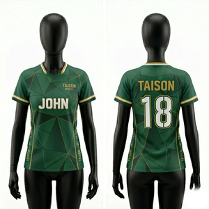 เสื้อคริกเก็ตผู้หญิงพรีเมียม 155 GSM โพลีเอสเตอร์ สีเขียวทอง ลายเรขาคณิต ผ้าระบายอากาศดี  รับสกรีนโลโก้แบบซับลิเมชั่น - Product Image 1