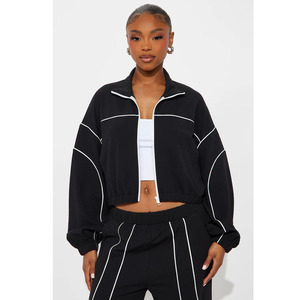 <b>Women</b> Black Cropped Tracksuit Jacket With White Piping Stand Collar Zipper Front Loose Fit Full Sleeve Autumn Sporty Style - Product Image 1