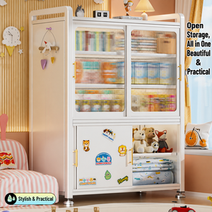 Modern <b>Sliding</b> <b>Door</b> Storage <b>Cabinet</b> with Clear Panel <b>Doors</b> Multi Compartment Organizer for Kids Bedroom and Home Storage - Product Image 1
