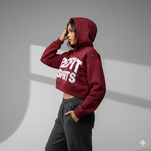 Sweat à capuche court en molleton de coton premium Maroon Rexfit Sports, imprimé strass, streetwear, pour homme et femme, vêtements décontractés - Product Image 5