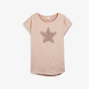 Women's Beige Star Print Short Sleeve T-Shirt O-Neck Loose Fit Casual Jersey Spring Summer Cotton <b>Top</b> - Product Image 1