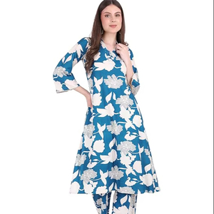 SAZU Blue Floral Printed Kurti Set for <b>Women</b> Elegant A-Line <b>Kurta</b> with Matching Wide-Leg Pants Comfortable Ethnic Suit Set - Product Image 1