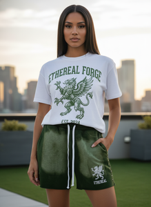 Conjunto de Camiseta y Pantalones Cortos de Algodón Unisex Ethereal Forge, Cuello Redondo, Manga Corta, Cordón Ajustable, Estampado Verde y Blanco, Ropa Casual de Verano - Product Image 6